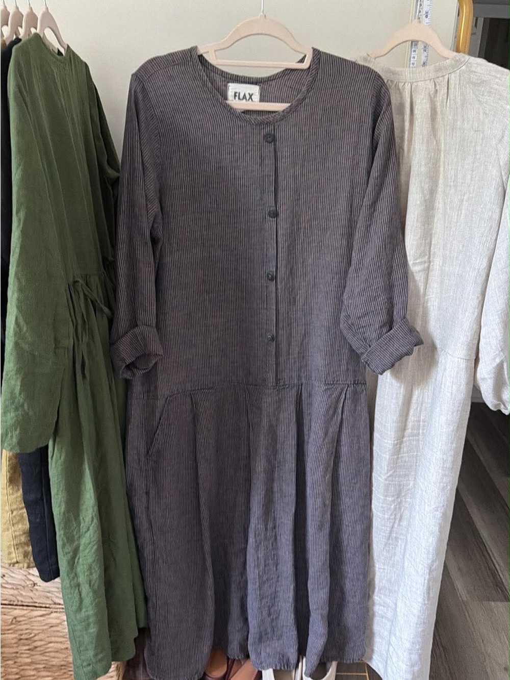 Flax Midi Button-Front Linen Dress in Charcoal/Brown stripe